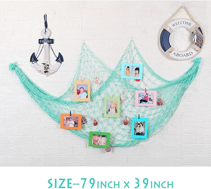 Natural Fishing Net Decor with Shells 79 Inch Beach Theme Decor for Party Home Bedroom Wall Hanging Fish Net Decorations (Aqua)