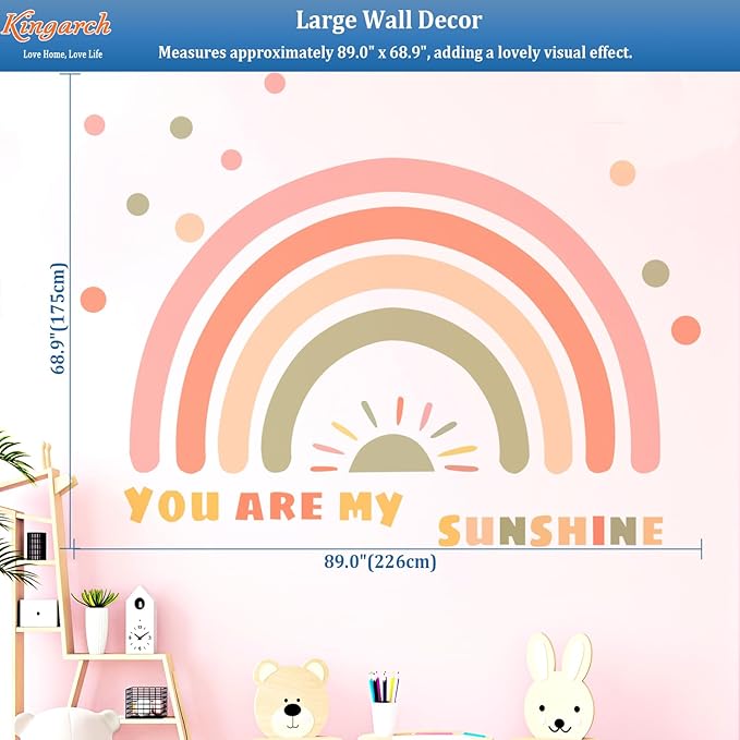 Large Rainbow Wall Decals, Sun Dots Peel and Stick Fabric Nursery Wall Decor, Removable Home Room Wall Decor Murals Stickers for Kids Girls Toddler Bedroom Living Room Playroom