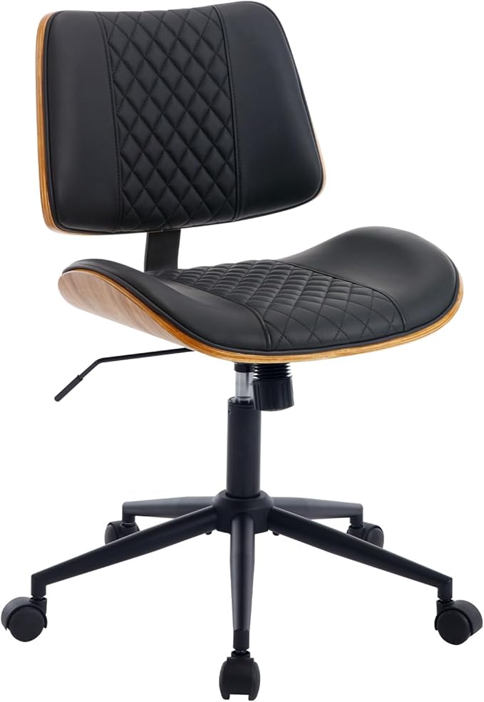 BV Small Desk Chair, Mid Century Office Chair with Bentwood Back, Armless Task Swivel Chair with Wheels, Mid Back No Arms, Faux Leather Office Chairs for Small Space, Black