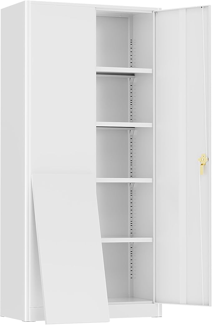 SUNCROWN 72" Metal Storage Cabinet - Heavy-Duty Metal Garage Cabinet with 4 Adjustable Shelves & 2 Doors for Tools, Office, Home, Workshop,White-Small