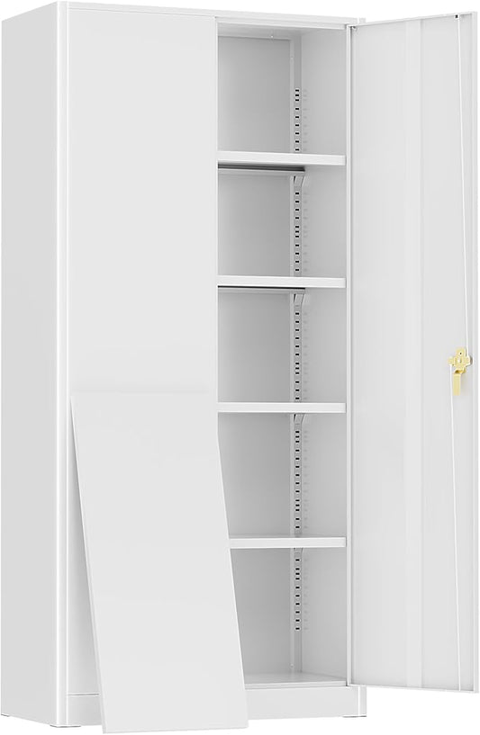 SUNCROWN 72" Metal Storage Cabinet - Heavy-Duty Metal Garage Cabinet with 4 Adjustable Shelves & 2 Doors for Tools, Office, Home, Workshop,White-Small