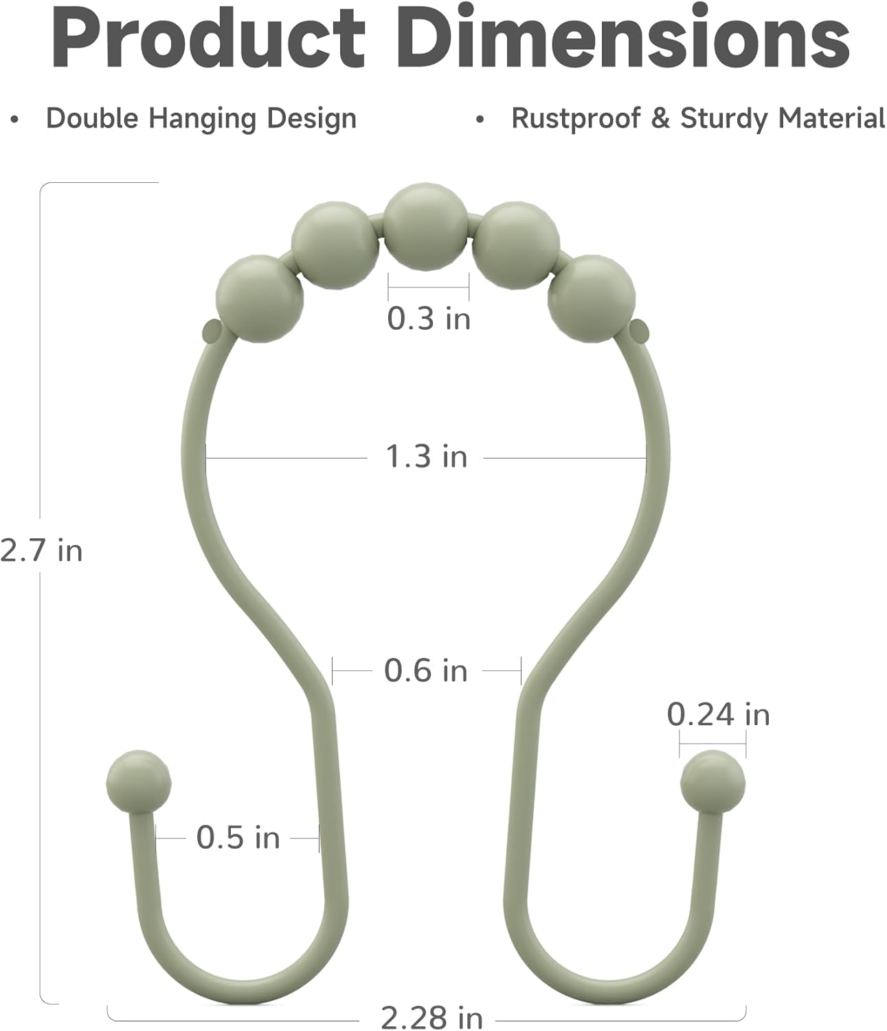 Sage Green Shower Curtain Hooks Shower Curtain Rings Rust Proof Sturdy Metal Double Shower Curtain Hooks, Shower Hooks for Shower Curtain Bathroom Shower Rod Hooks Hangers