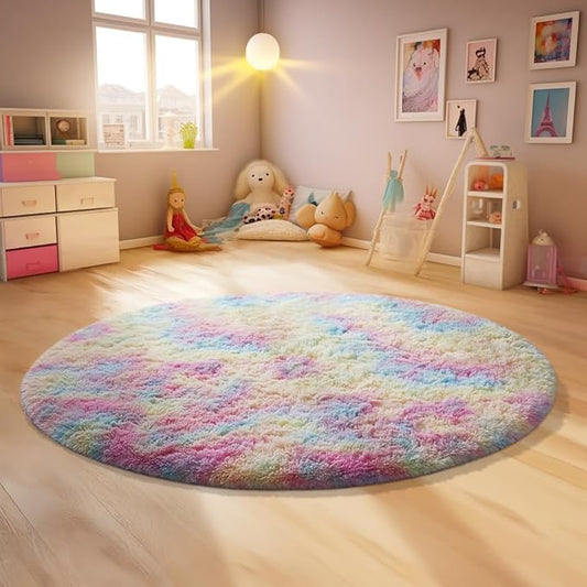 Ophanie Rainbow Rug for Bedroom Girls, Unicorn Colorful Fluffy Soft Cute Fuzzy Area Rugs, Shag Plush Shaggy Bedside Floor 4x4 Round Furry Carpet for Kids Baby Teen Dorm Nursery Home Decor Aesthetic