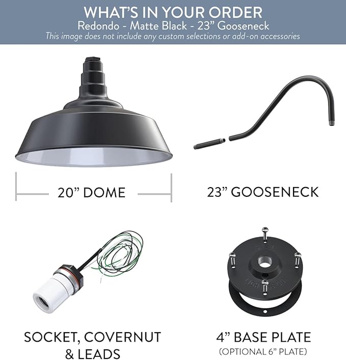 Steel Lighting Co. Redondo Barn Light | Outdoor Wall Mounted | 20 inch Dome | 23 inch Gooseneck | Large Farmhouse Warehouse Light Made in America | Matte Black Exterior/White Interior