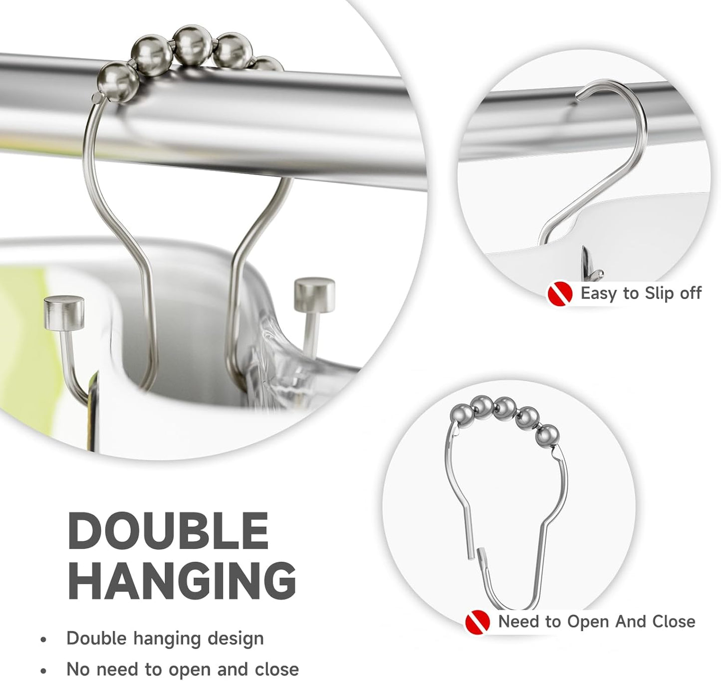 Shower Curtain Hooks, Shower Curtain Rings Rust Proof Double Hook Shower Curtain Hooks with Clindrical Design, 12 Pcs Nickel Shower Hooks for Shower Curtain, Metal Shower Rod Hooks