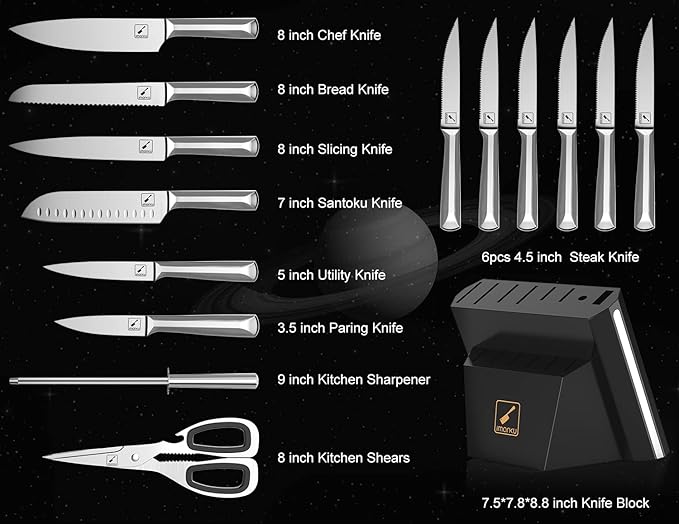 imarku 15 PCS Kitchen Knife Set with Diamond Shaped Handle Dishwasher Safe Kitchen Knives Premium German High Carbon Stainless Steel Chef Knife Set, Father's Day Gifts