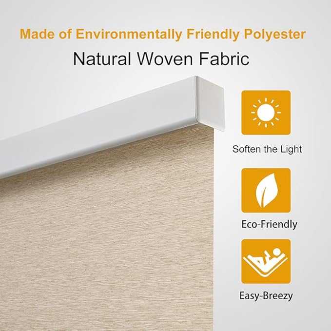 Persilux Free-Stop Cordless Light Filtering Roller Shades for Windows (Khaki 27" x 72") Natural Woven Fabric UV Protection Privacy Roller Blinds for Windows Blinds for Doors, Home, Office, Kitchen