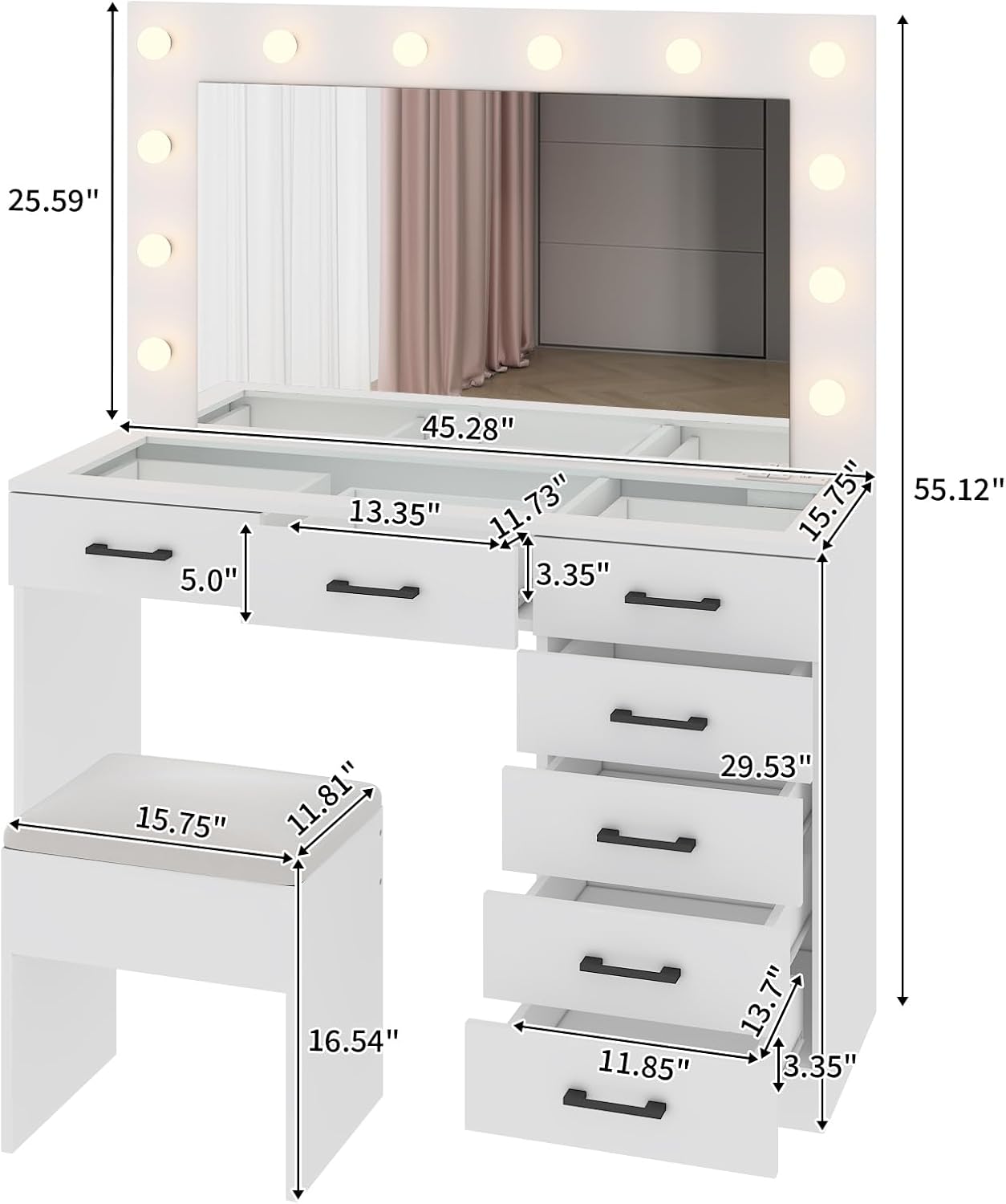 Karl home Vanity Desk with Large Lighted Mirror & Powre Outlet, Glass Tabletop Makeup Vanity Set with 7 Drawers, 45.3" Vanity Table with 3 Color Lighting Modes, Dressing Table for Women Girls, White