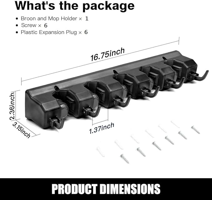 IMILLET Mop and Broom Holder, Wall Mounted Organizer-Mop and broom Storage Tool Rack with 5 Ball Slots and 6 Hooks (Black)