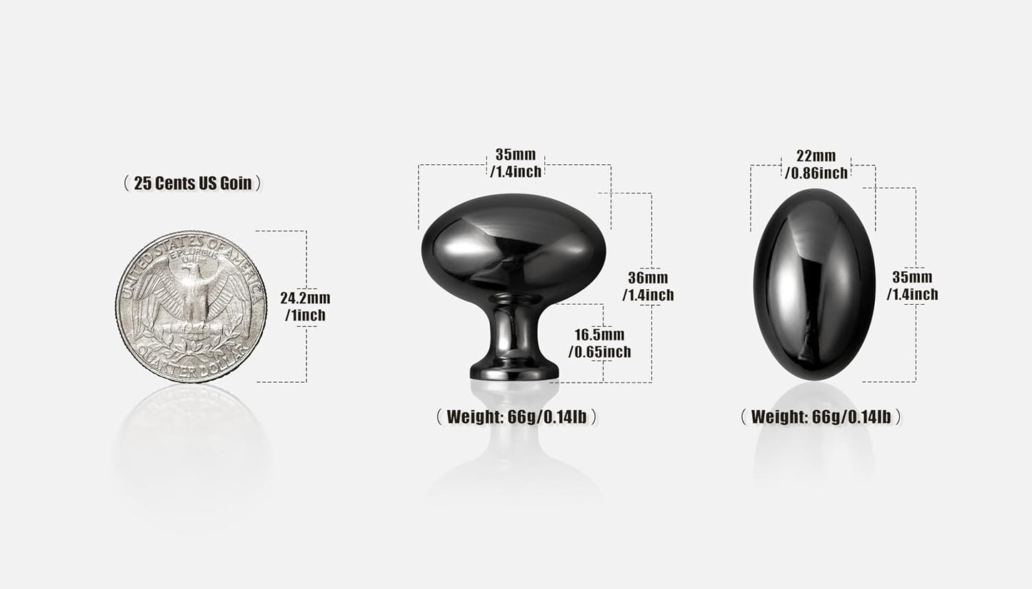 Goo-Ki 1.2 Inch(36MM) Oval Bright Black Drawer Knobs, Modern Zinc Alloy for Cabinet Knobs for Dresser,6 Packed