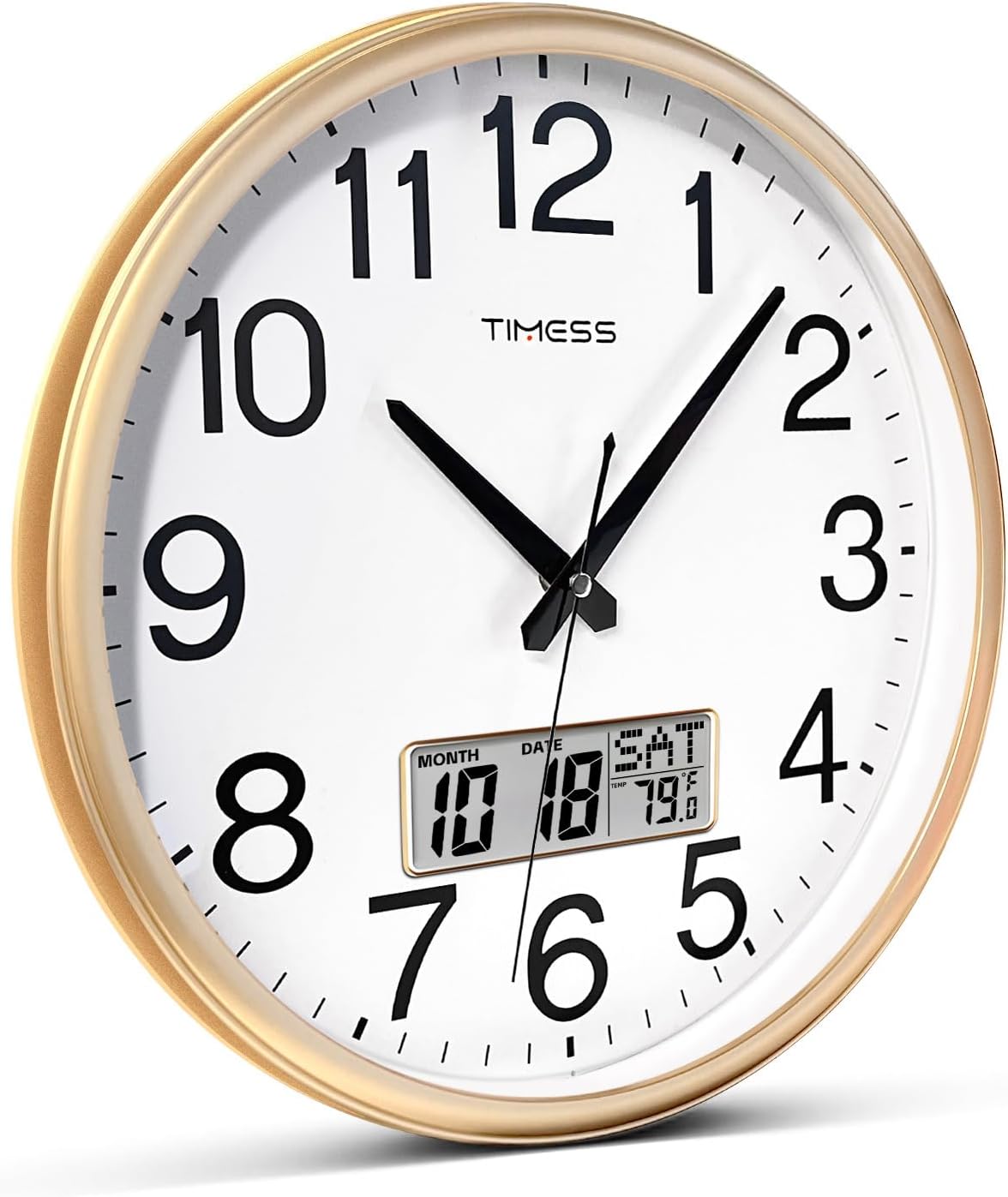 Wall Clock, 13 Inch Non-Ticking Silent Battery Operated Quartz Analog with LCD Display for Perpetual Calendar and F° Temperature, Ideal Modern Home, Bedroom, Kitchen, Office Decor (Gold)