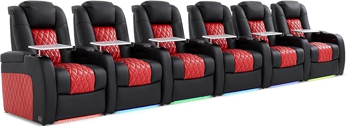 Home Theater Seating, Top Grain Leather Movie Seats Recliner Chair, Zero Gravity Reclining Gaming Sofa with Power Headrest 7 Colors Ambient Lighting 6 Seats Black Dark Red