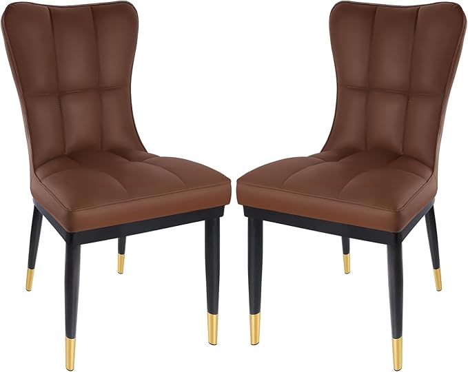 High-Back Faux Leather Dining Chairs Set of 2, Modern Sturdy Upholstered Accent Side Chair Deep Sponge Padded Seat with Metal Legs for Kitchen Dining Living Room Bedroom (Brown)