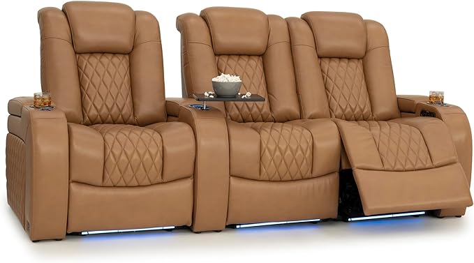 Seatcraft Diamante Zero-Gravity CoolZero Italian Leather Home Theater Seating, Power Headrest, Power Recline, Row of 3 Right Loveseat, Tan Oak