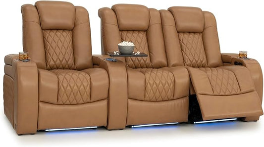 Seatcraft Diamante Zero-Gravity CoolZero Italian Leather Home Theater Seating, Power Headrest, Power Recline, Row of 3 Right Loveseat, Tan Oak