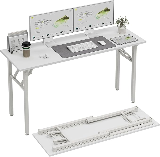 TEMI Long Computer Desk Folding Table - 55.1" Foldable Office Desk, No Assembly, Perfect Writing Table for Bedroom, Dorm, or Apartment, Portable Large Desk or Study Table with Compact Design, White