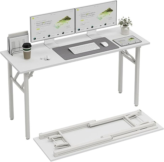 TEMI Long Computer Desk Folding Table - 55.1" Foldable Office Desk, No Assembly, Perfect Writing Table for Bedroom, Dorm, or Apartment, Portable Large Desk or Study Table with Compact Design, White