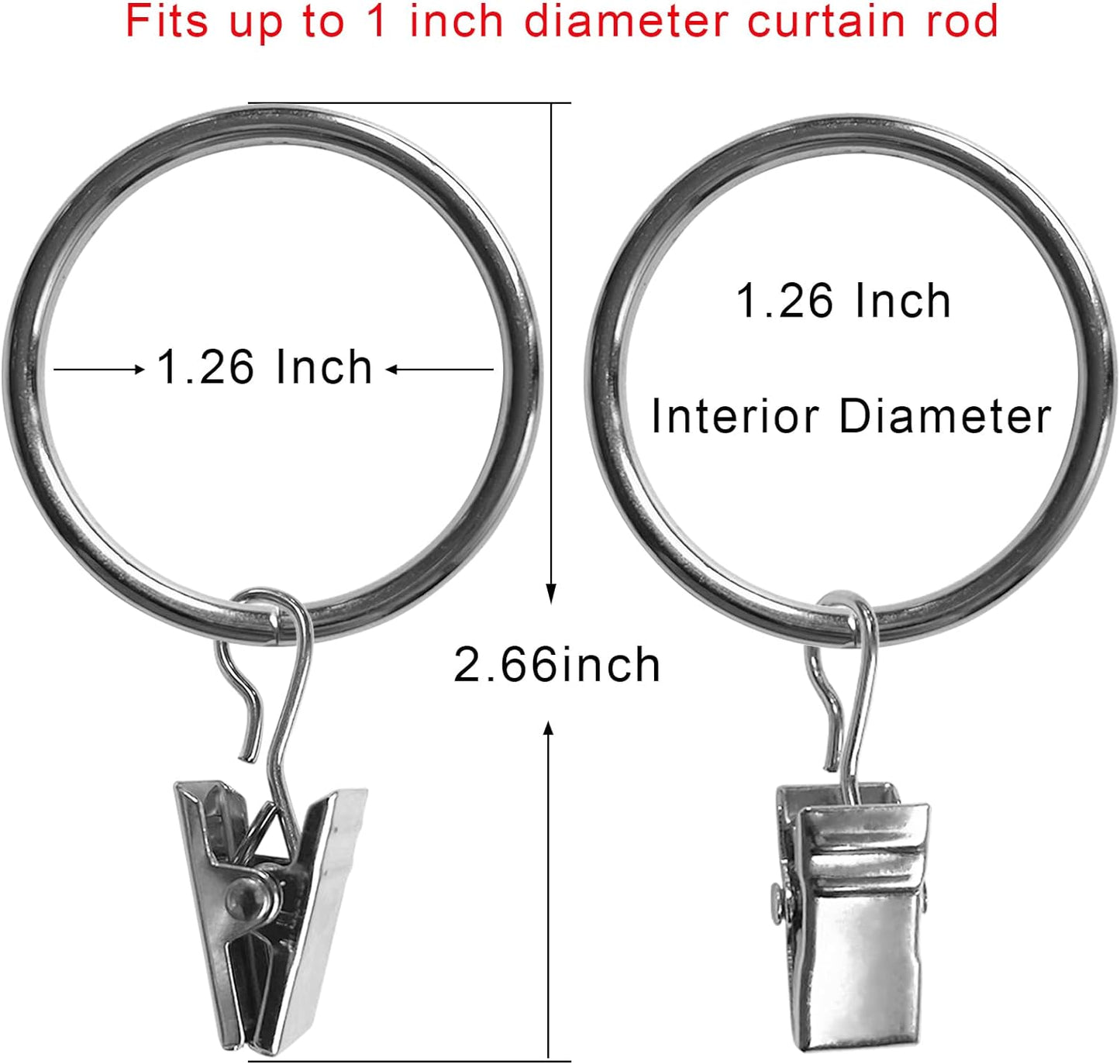 40 Pack Curtain Rings with Clips, Drapery Clips with Rings, Drapes Rings 1.26 in Interior Diameter, Fits up to 1 Inch Curtain Rod, Silver