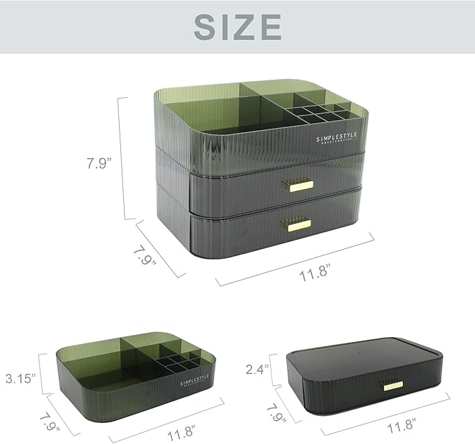 Makeup Organizer with 2 Drawers, Cosmetics Organizer for Bedroom and Bathroom Vanity Countertops, Large Capacity Cosmetic Storage Box for Skincare Cream Perfume Lipstick Dresser Counter-Green