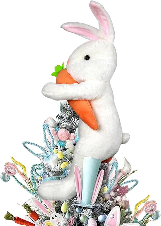 Easter Bunny Tree Topper Decorations,Spring Plush Rabbit Hugged Carrot for Tree Basket Stuffers Holiday Home Party Supplies Decor White