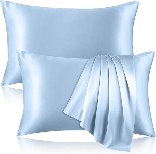 2 Pack 100% Pure Silk Pillowcase for Hair and Skin, Both Sides Mulberry Silk Pillowcases with Hidden Zipper, Cooling Pillowcase 19 Momme, 600 Thread Silk Pillow Cases Queen Size, Light Blue