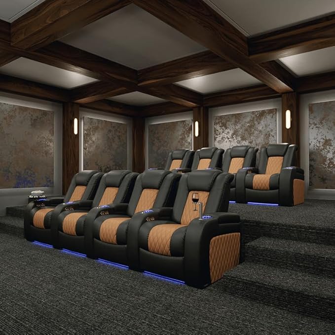 Seatcraft Diamante - Home Theater Seating - Living Room - Power Recline - Italian Leather - Powered Headrests - Cupholders - USB Charging - Ambient Lighting - Arm Storage, Black/Tan Oak, Row of 3