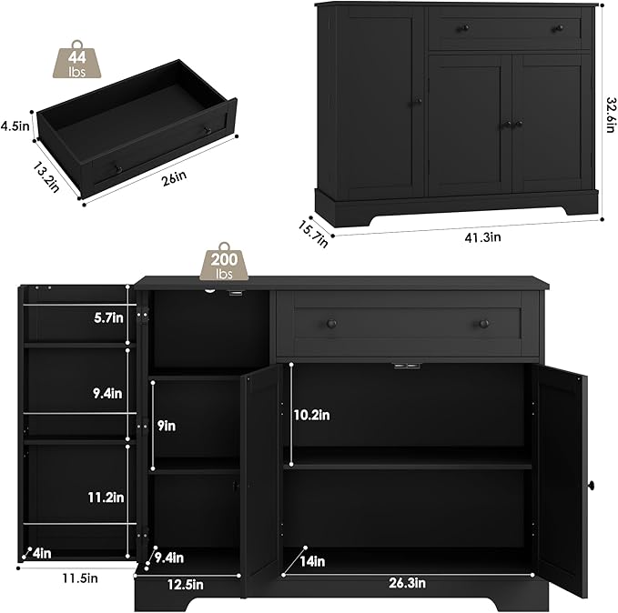 HOSTACK Buffet Cabinet with Storage, Modern Sideboard Buffet with Doors, Wood Coffee Bar Kitchen Storage Cabinet with Drawer and Adjustable Shelf for Kitchen, Dining Room, Living Room, Black