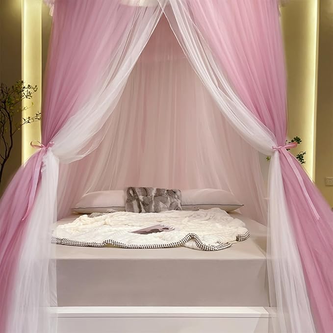 Kertnic Dreamy Bed Canopy for Girls, Princess Canopy Curtains Double Layer Sheer Mesh, Kids & Adults Canopies Netting Room Decor Tent Mosquito Net for Queen King Bed (Double Layer-Peach Pink)