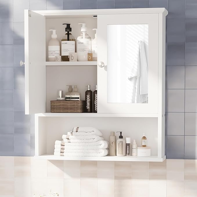 Meilocar Bathroom Wall Cabinet with Mirror, White Bathroom Mirror Cabinet Wall Mounted, Over Toilet Medicine Cabinets with Adjustable Shelf, White