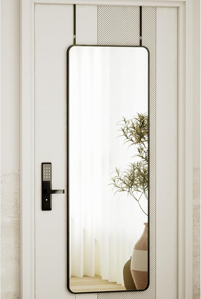 14"x48" Full Length Over The Door Mirror - Aluminum Alloy Frame Full Body Mirror with Height-Adjustable Hangers, Hanging Leaning Against Wall for Dorm, Black