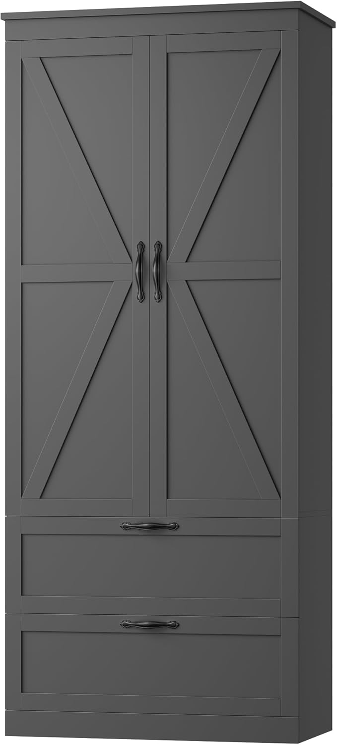 HOSTACK 70" Tall Kitchen Pantry Storage, Barn Doors Pantry Cabinet with Drawers and Adjustable Shelf, Modern Farmhouse Storage Cabinet for Kitchen, Dining Room, Living Room, Bathroom, Black