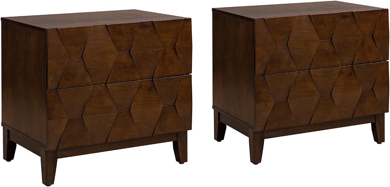HULALA HOME Wood Nightstand Set of 2 with Charging Station 2 Drawer Dresser with Wooden Legs Mid Century Modern Bedside French Style End Table for Bedroom, Walnut
