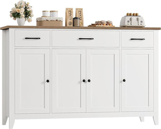 HORSTORS 55" Buffet Cabinet, Modern Farmhouse Sideboard Buffet with Drawers, Large Kitchen Storage Cabinet with Adjustable Shelves, Wood Coffee Bar for Kitchen, Dining Room, Living Room, White