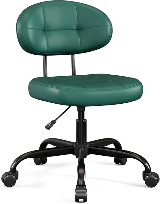 Misolant Vanity Chair with back, Small Armless Cute office Chair with wheels and Lumbar support, Comfy PU Leather Desk Computer Chairs with Adjustable Height, 360°Swivel for Home Bedroom Office, Green