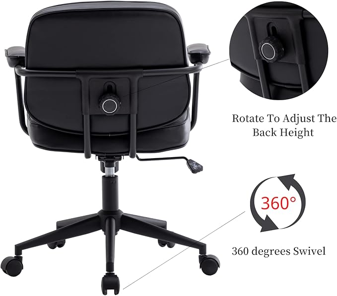 LukeAlon Adjustable Pu Leather Office Chair, Comfy 360° Swivel Task Chair with Armrest Modern Thickened Seat Desk Chair Tiltable Computer Chair with Button Tufted for Home Office, Black