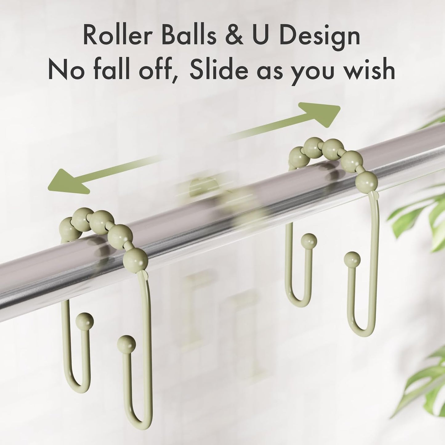 AmazerBath Sage Green Shower Curtain Hooks - Rust Proof Non-Slip Double Hooks for Curtains, Sturdy Metal Rings 12Pcs