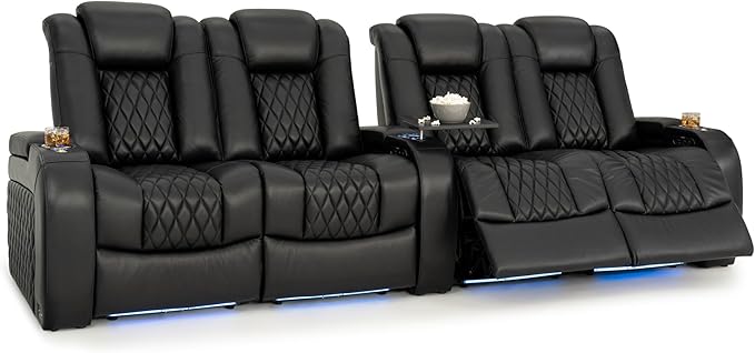 Seatcraft Diamante Zero-Gravity CoolZero Italian Leather Home Theater Seating, Power Headrest, Power Recline, Row of 4 Dual Loveseats, Black
