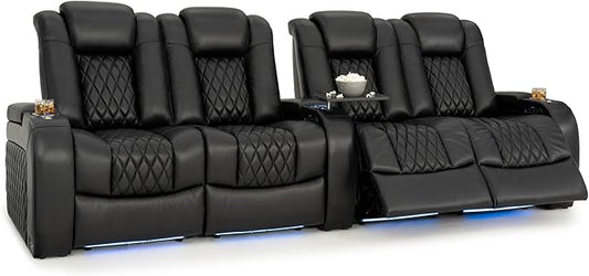 Seatcraft Diamante Zero-Gravity CoolZero Italian Leather Home Theater Seating, Power Headrest, Power Recline, Row of 4 Dual Loveseats, Black