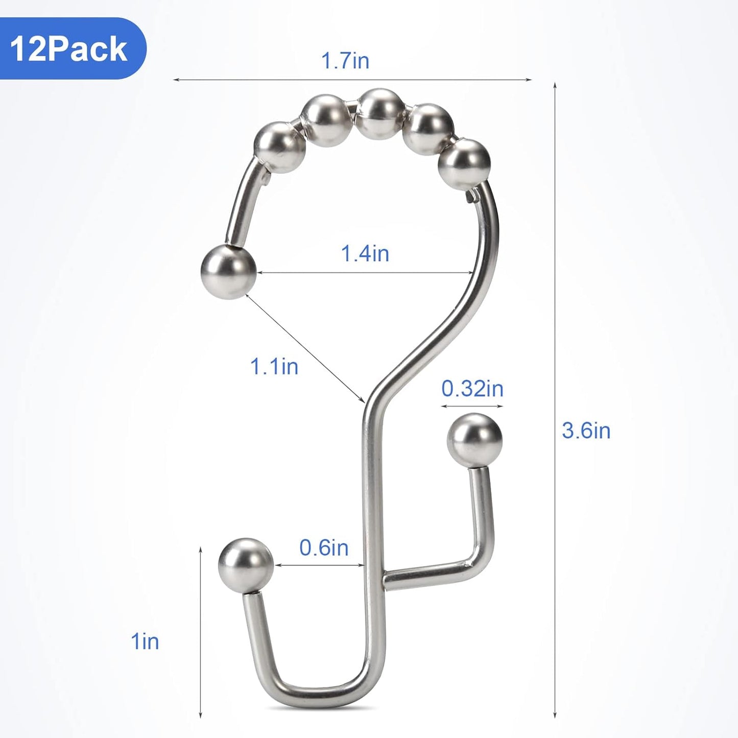 Shower Curtain Rings, SUTINE Double Shower Curtain Hooks, Rust-Resistant Stainless Steel Shower Curtain Rings, Easy Sliding Metal Shower Hooks for Shower Curtains & Liners, 12pcs-Matte Nickel