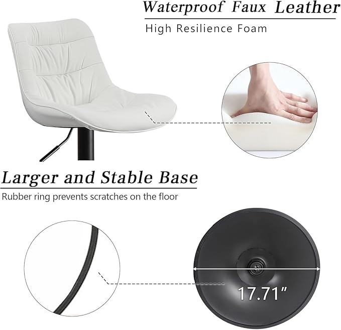 Kidol & Shellder Bar Stools Set of 2 Adjustable Swivel White, PU Leather Upholstered with Back, Modern Counter Height Stools for Kitchen Island, Home Bar