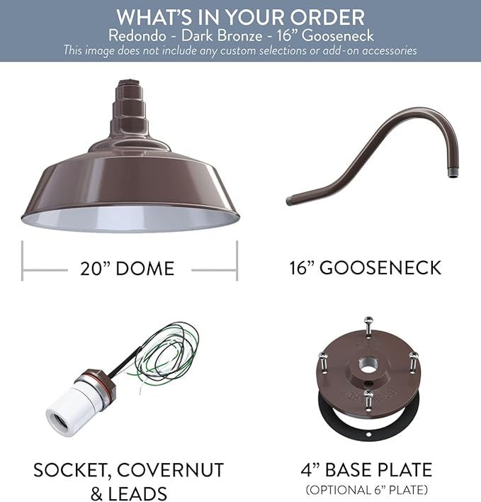 Steel Lighting Co. Redondo Barn Light | Outdoor Wall Mounted | 20 inch Dome | 16 inch Gooseneck | Large Farmhouse Warehouse Light Made in America | Dark Bronze Exterior/White Interior