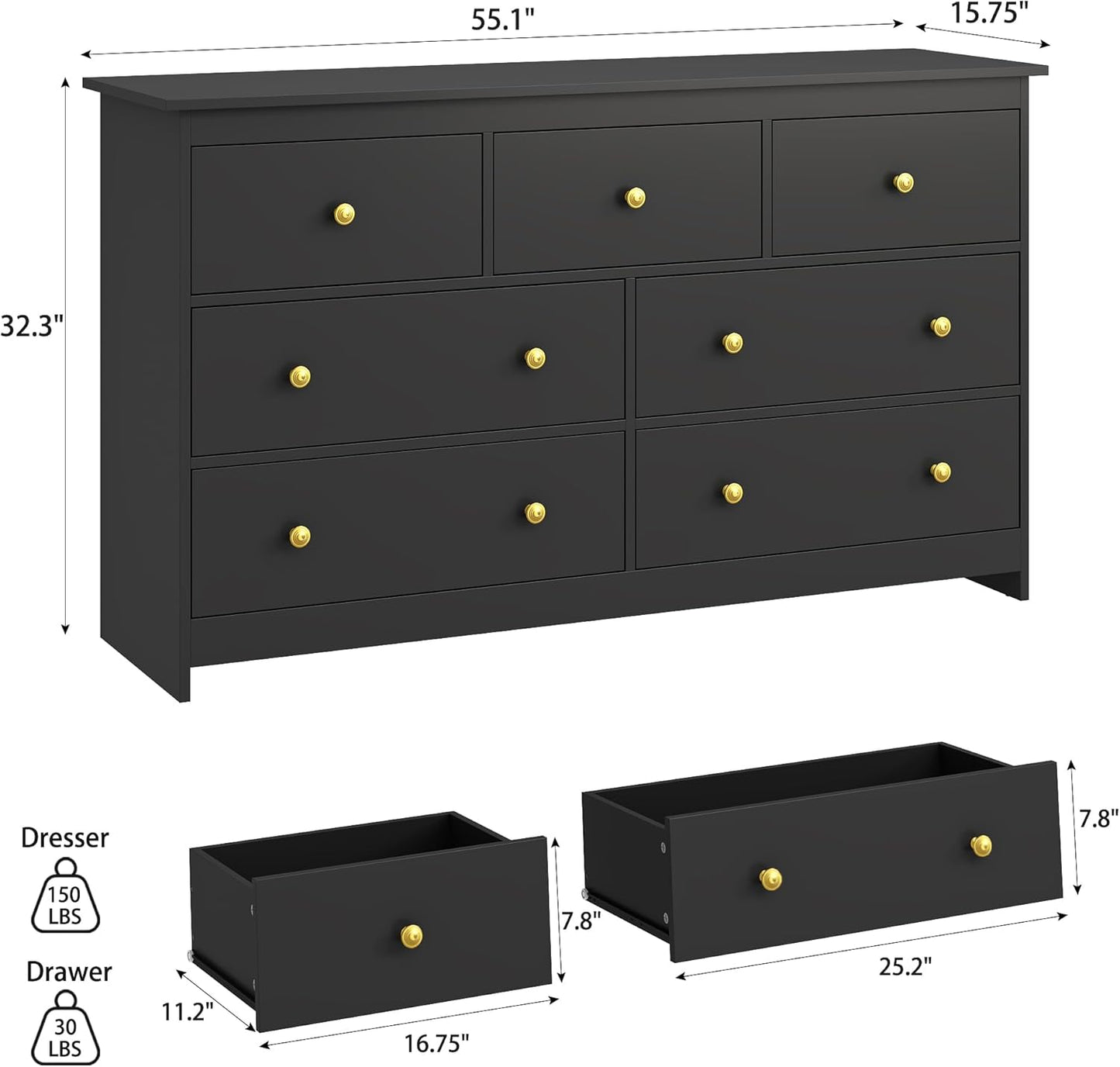 JOZZBY 7 Drawer Dresser for Bedroom, 55 Inch Black Wooden Large Dresser with Golden Handles, Modern Chests of Deep Drawers Organizer for Home Office, Hallway