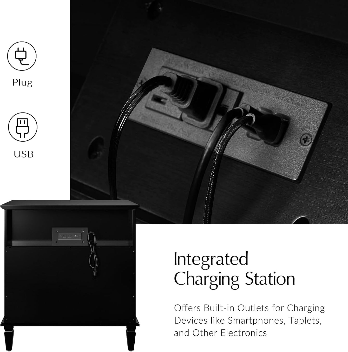 HULALA HOME Mid-Century Modern Nightstand with Charging Station and Divider Tray, 4-Drawer Bedside Table with Solid Wood Legs (Black,Set of 2)