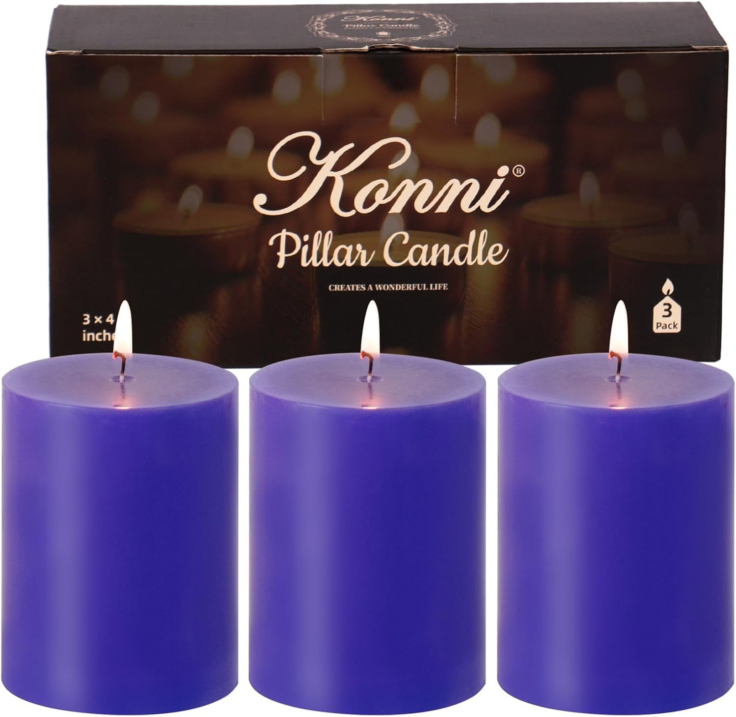 KONNI Violet Pillar Candles Set of 3, 3"x 4" Unscented Pillar Candles Bulk, 39 Hours Long Burning Candles, Smokeless and Dripless Large Round Candle for Wedding, Home Decoration, Parties, Spas, Dinner