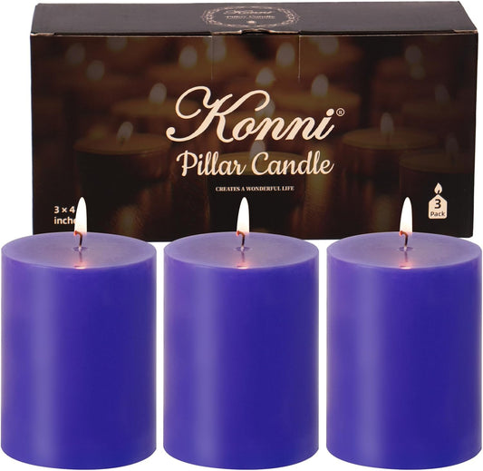 KONNI Violet Pillar Candles Set of 3, 3"x 4" Unscented Pillar Candles Bulk, 39 Hours Long Burning Candles, Smokeless and Dripless Large Round Candle for Wedding, Home Decoration, Parties, Spas, Dinner