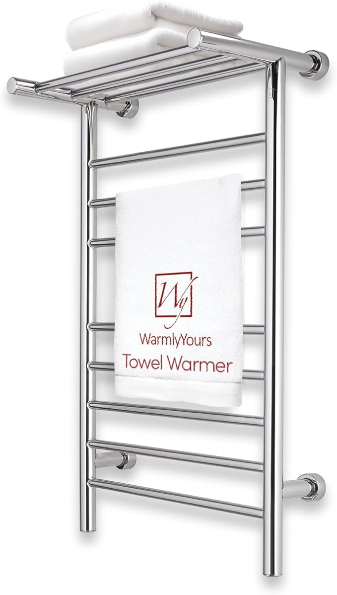 WarmlyYours Towel Warmers for Bathroom - Wall Mounted Heated Towel Rack with Shelf, 11 Bars Polished Stainless Steel, 20 x 36 in. Electric Heating and Drying Rack, 120V Plug-in or Hardwired (Summit)