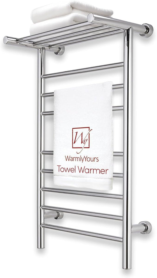 WarmlyYours Towel Warmers for Bathroom - Wall Mounted Heated Towel Rack with Shelf, 11 Bars Polished Stainless Steel, 20 x 36 in. Electric Heating and Drying Rack, 120V Plug-in or Hardwired (Summit)