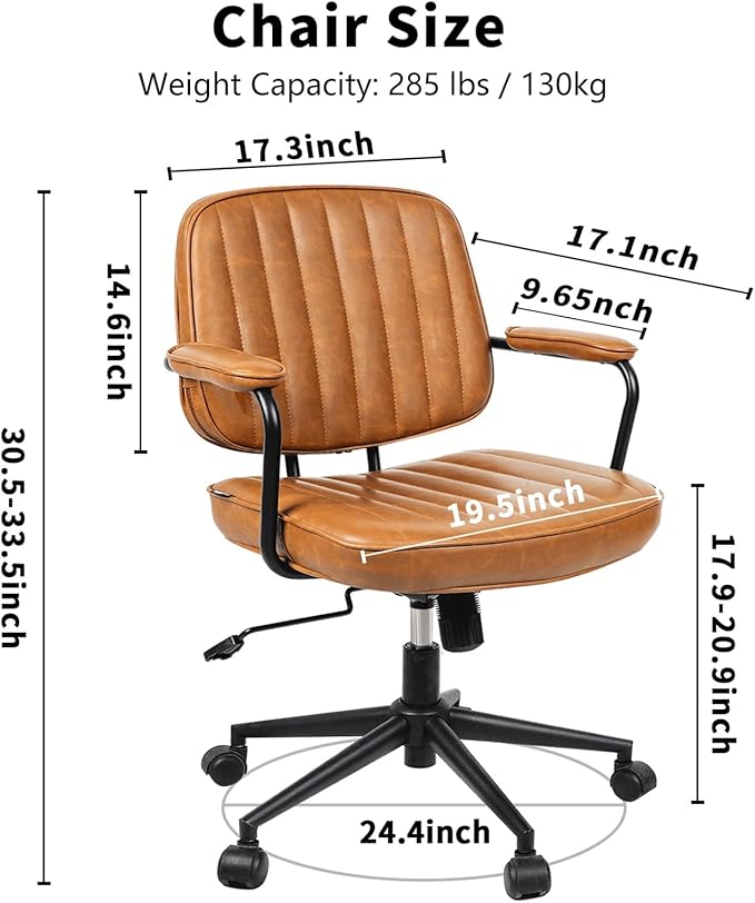 Artswish Mid Century Office Chair - Leather Desk Chair with Wheels, Arms, Swivel & Height Adjustable Ergonomic Computer Chair for Home Office, Brown