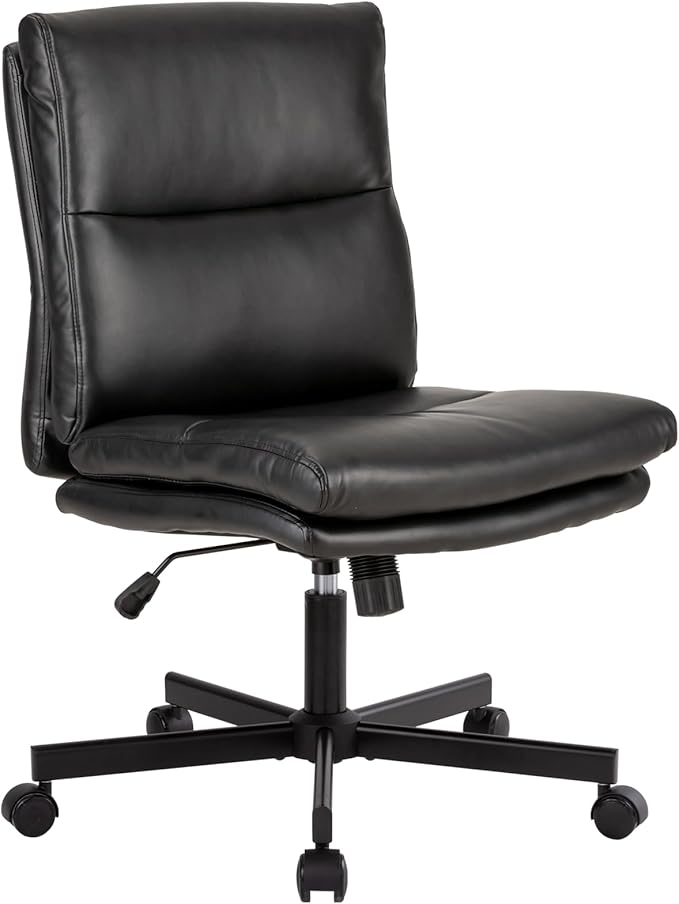 LUCKWIND Armless Office Desk Chair with Wheels, Mid-Back Criss Cross Swivel Task Chair, Height Adjustable Cushioned Vanity Chair, Double Padded PU-Leather Chairs for Home, Office & Bedroom (Black)