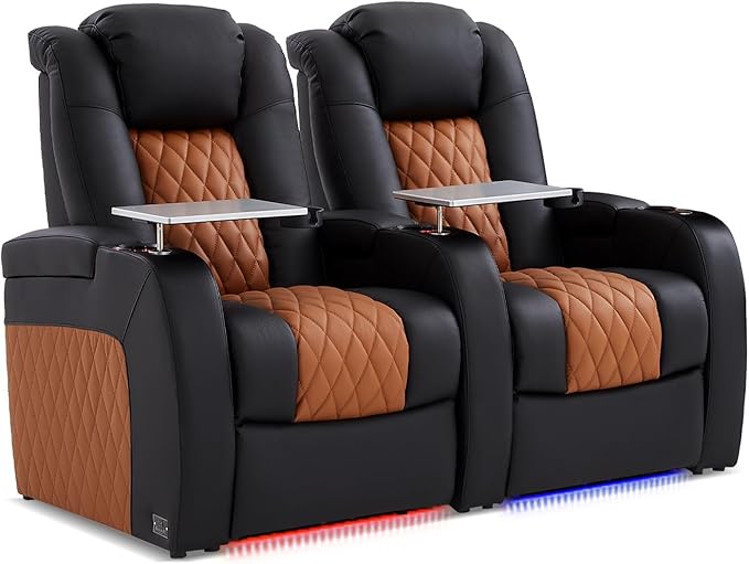 Home Theater Seating, Top Grain Leather Movie Seats Recliner Chair, Zero Gravity Reclining Gaming Sofa with Power Headrest 7 Colors Ambient Lighting 2 Seats Black Camel